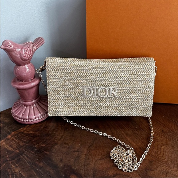DIOR Tan Beige Woven Chain Bag raffia gold chain purse wristlet clutch LOGO - Picture 3 of 10